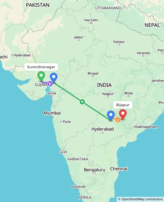 Route map showing distance and travel time from Surendranagar, India to Bijapur, India
