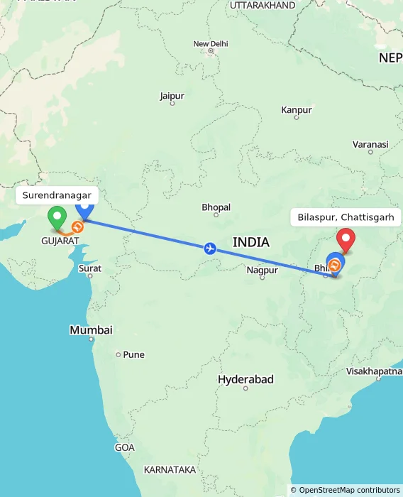 Route map showing distance and travel time from Surendranagar, India to Bilaspur, Chattisgarh, India