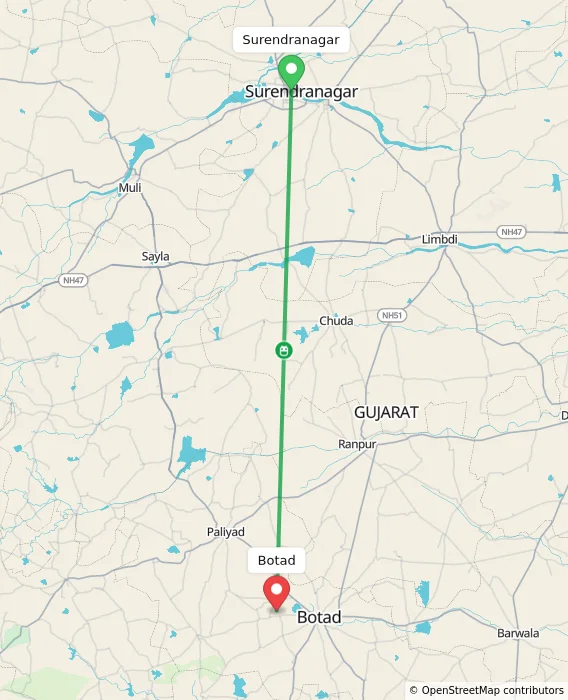 Route map showing distance and travel time from Surendranagar, India to Botad, India