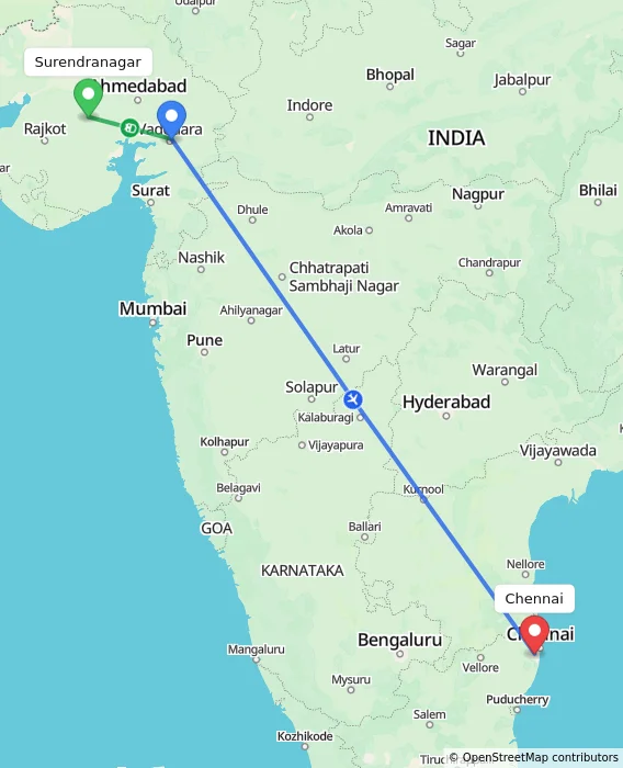 Route map showing distance and travel time from Surendranagar, India to Chennai, India