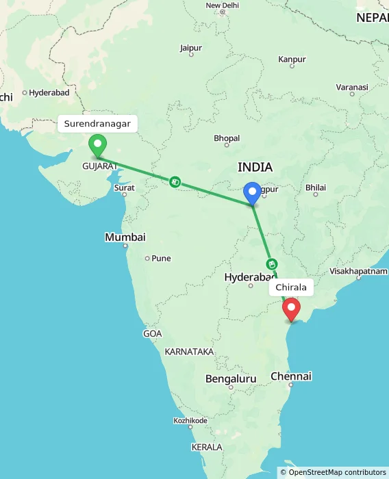 Route map showing distance and travel time from Surendranagar, India to Chirala, India