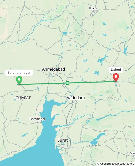 Route map showing distance and travel time from Surendranagar, India to Dahod, India