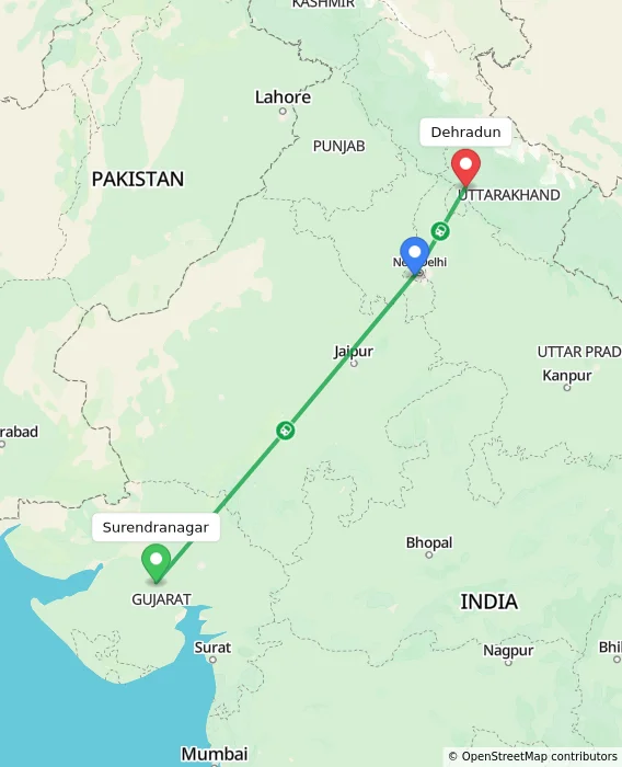 Route map showing distance and travel time from Surendranagar, India to Dehradun, India