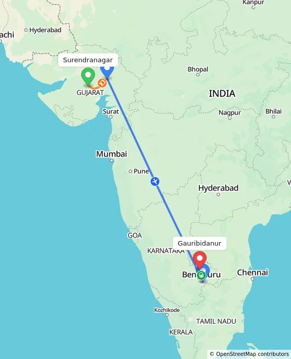 Route map showing distance and travel time from Surendranagar, India to Gauribidanur, India