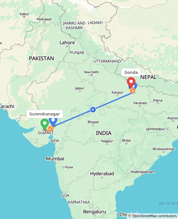 Route map showing distance and travel time from Surendranagar, India to Gonda, India
