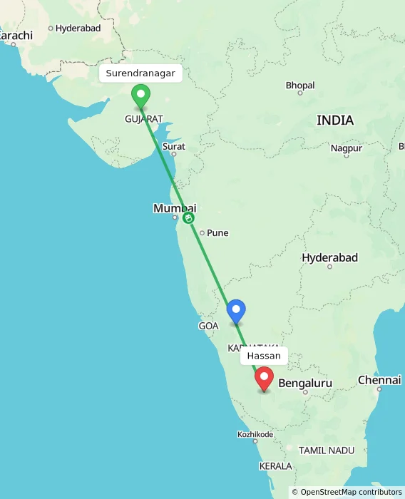 Route map showing distance and travel time from Surendranagar, India to Hassan, India