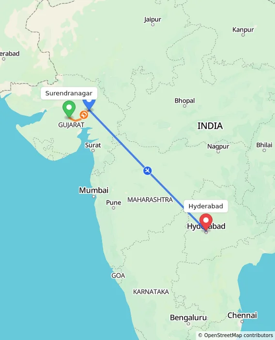 Route map showing distance and travel time from Surendranagar, India to Hyderabad, India