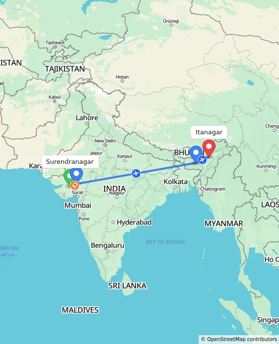Route map showing distance and travel time from Surendranagar, India to Itanagar, India