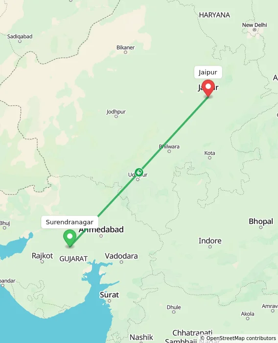 Route map showing distance and travel time from Surendranagar, India to Jaipur, India