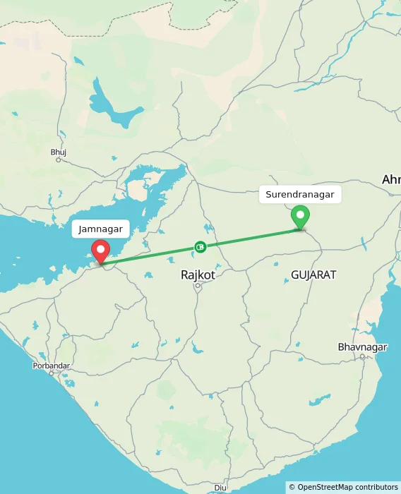 Route map showing distance and travel time from Surendranagar, India to Jamnagar, India