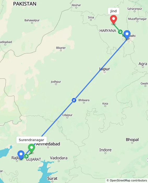 Route map showing distance and travel time from Surendranagar, India to Jind, India