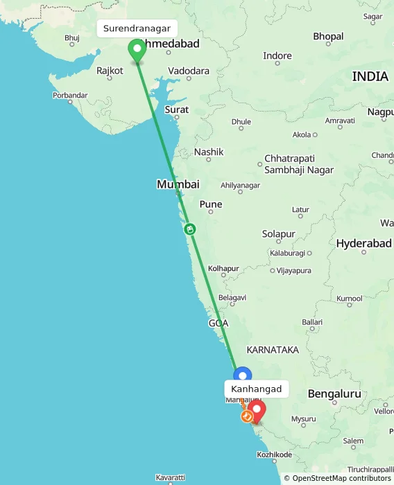 Route map showing distance and travel time from Surendranagar, India to Kanhangad, India