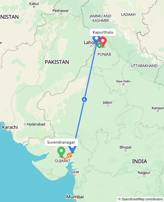 Route map showing distance and travel time from Surendranagar, India to Kapurthala, India