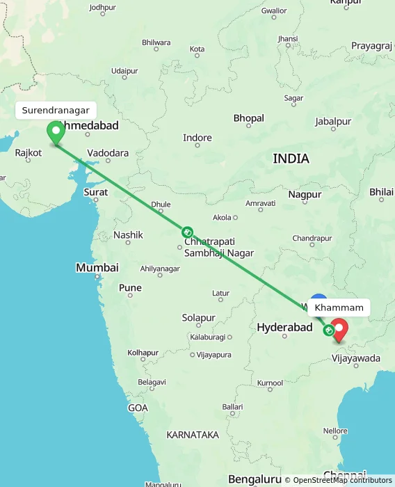 Route map showing distance and travel time from Surendranagar, India to Khammam, India