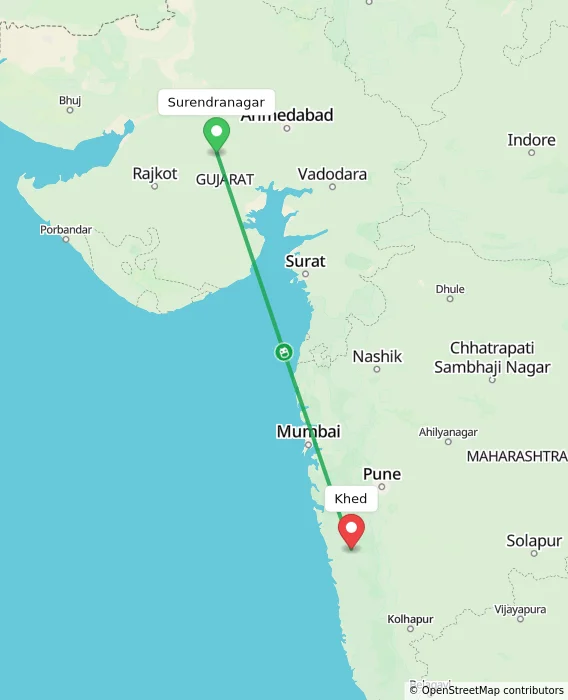 Route map showing distance and travel time from Surendranagar, India to Khed, India