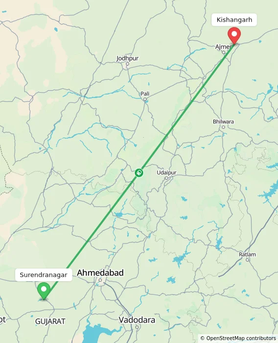 Route map showing distance and travel time from Surendranagar, India to Kishangarh, India