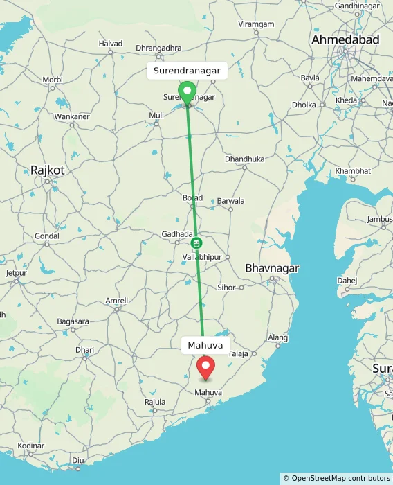 Route map showing distance and travel time from Surendranagar, India to Mahuva, India