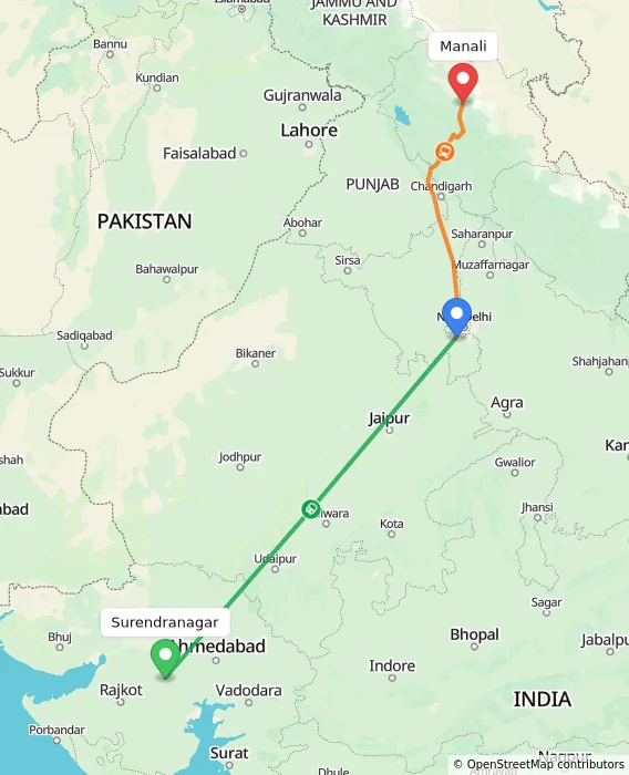 Route map showing distance and travel time from Surendranagar, India to Manali, India