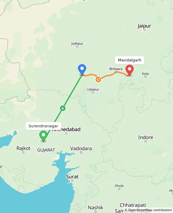 Route map showing distance and travel time from Surendranagar, India to Mandalgarh, India
