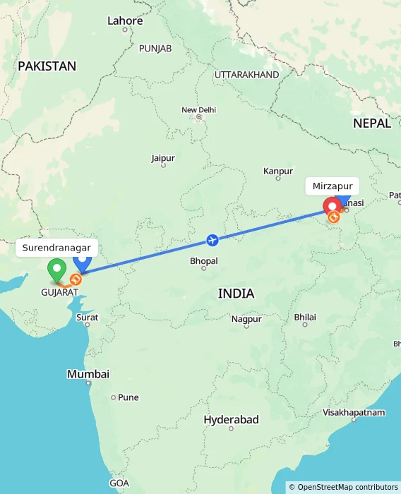 Route map showing distance and travel time from Surendranagar, India to Mirzapur, India