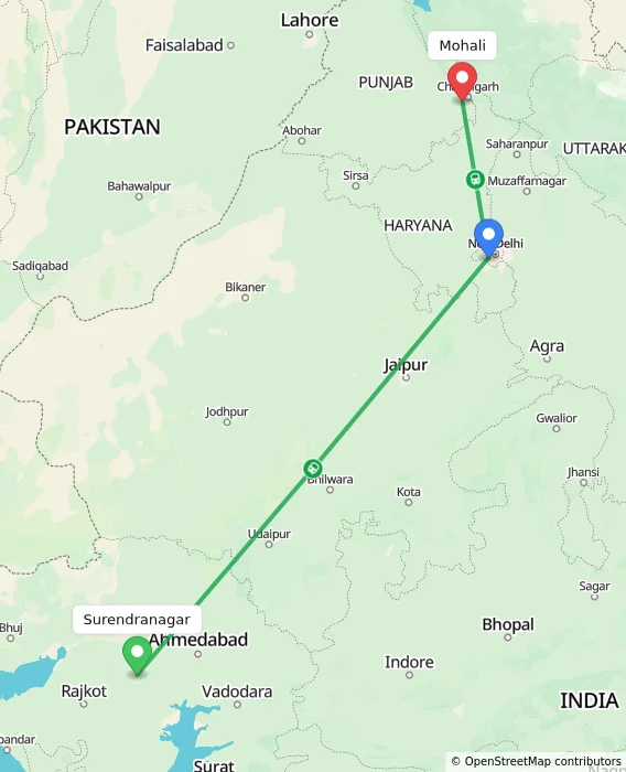 Route map showing distance and travel time from Surendranagar, India to Mohali, India