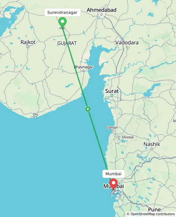 Route map showing distance and travel time from Surendranagar, India to Mumbai, India