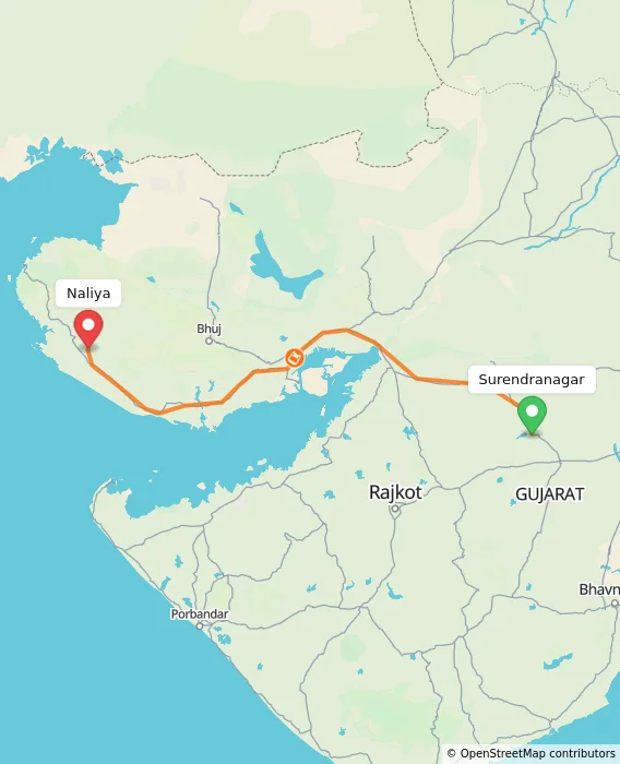 Route map showing distance and travel time from Surendranagar, India to Naliya, India