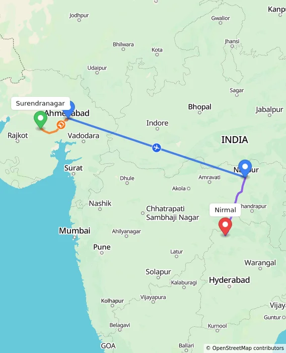 Route map showing distance and travel time from Surendranagar, India to Nirmal, India
