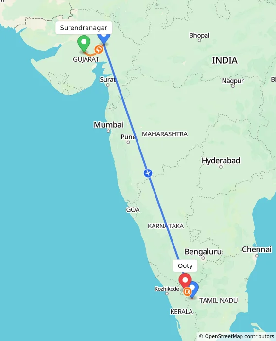 Route map showing distance and travel time from Surendranagar, India to Ooty, India