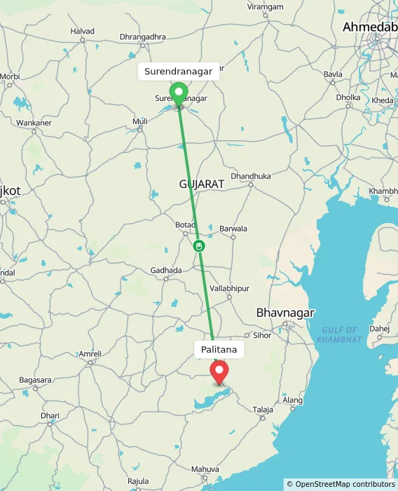 Route map showing distance and travel time from Surendranagar, India to Palitana, India
