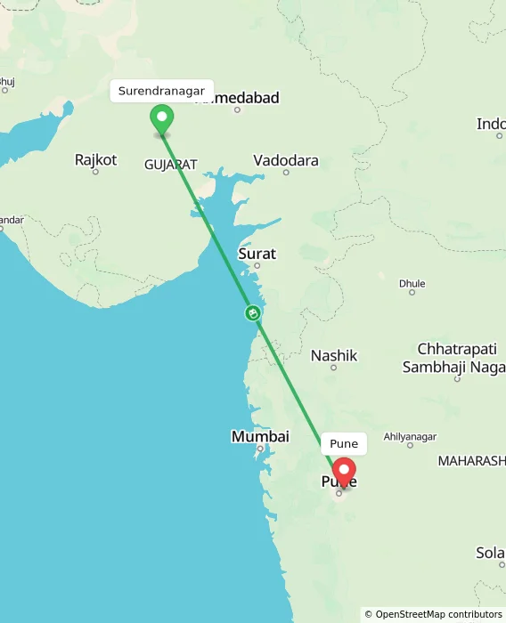 Route map showing distance and travel time from Surendranagar, India to Pune, India