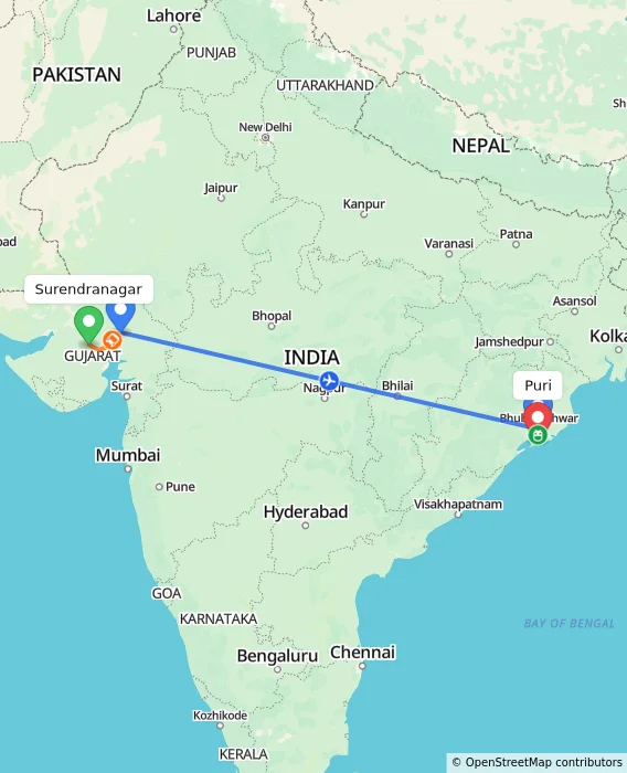 Route map showing distance and travel time from Surendranagar, India to Puri, India
