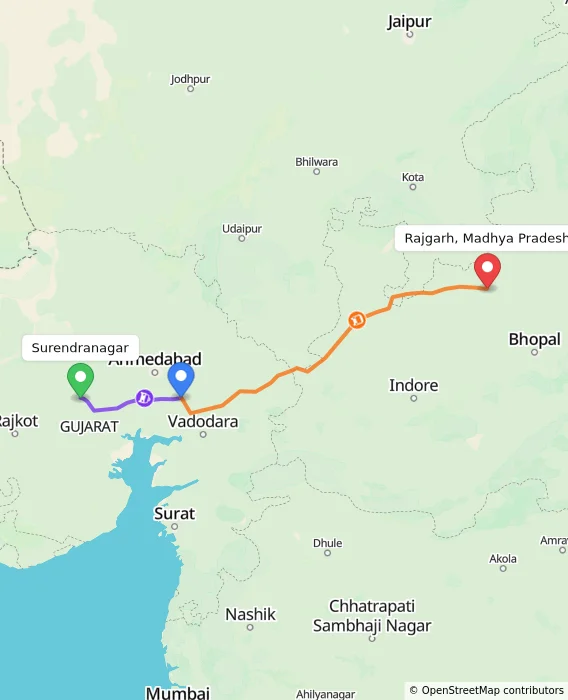 Route map showing distance and travel time from Surendranagar, India to Rajgarh, Madhya Pradesh, India