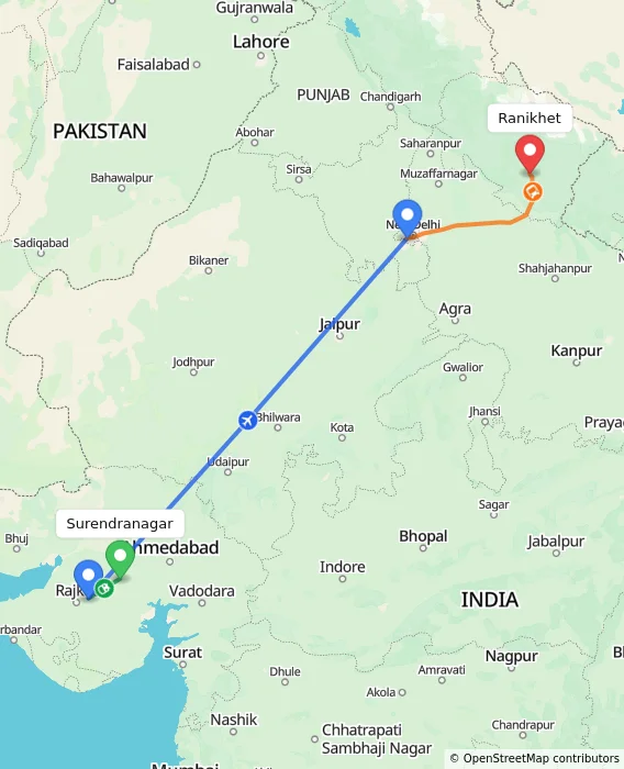 Route map showing distance and travel time from Surendranagar, India to Ranikhet, India