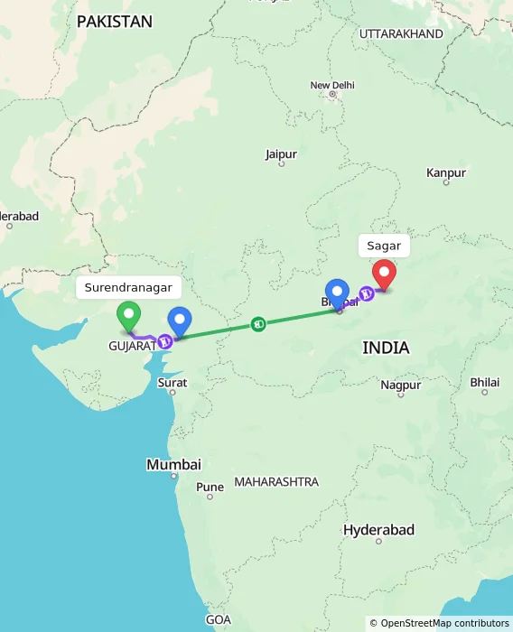 Route map showing distance and travel time from Surendranagar, India to Sagar, India