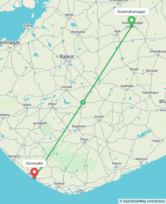 Route map showing distance and travel time from Surendranagar, India to Somnath, India