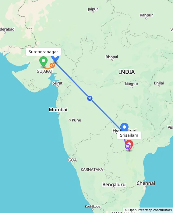 Route map showing distance and travel time from Surendranagar, India to Srisailam, India