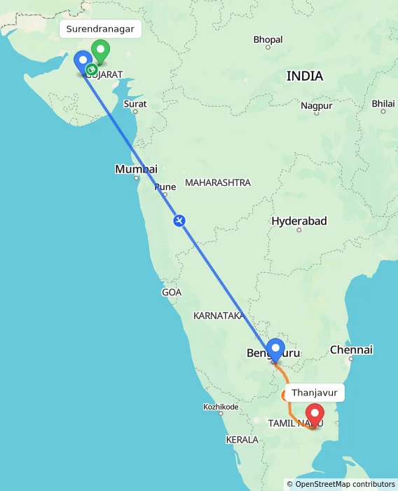 Route map showing distance and travel time from Surendranagar, India to Thanjavur, India