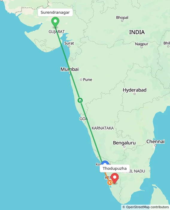 Route map showing distance and travel time from Surendranagar, India to Thodupuzha, India