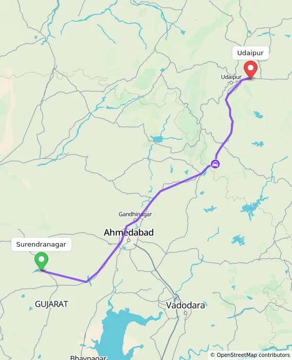 Route map showing distance and travel time from Surendranagar, India to Udaipur, India
