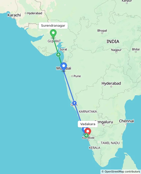 Route map showing distance and travel time from Surendranagar, India to Vadakara, India