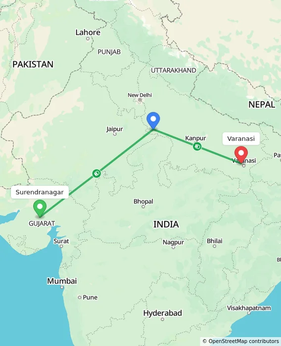 Route map showing distance and travel time from Surendranagar, India to Varanasi, India