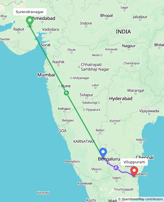 Route map showing distance and travel time from Surendranagar, India to Viluppuram, India
