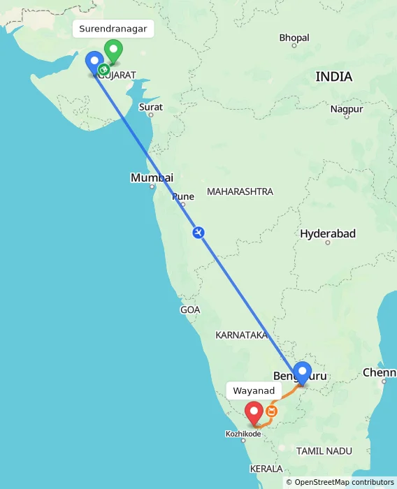 Route map showing distance and travel time from Surendranagar, India to Wayanad, India