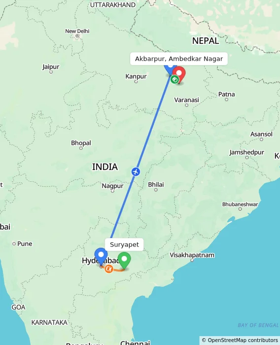 Route map showing distance and travel time from Suryapet, India to Akbarpur, Ambedkar Nagar, India