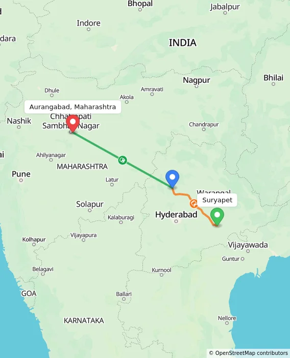 Route map showing distance and travel time from Suryapet, India to Aurangabad, Maharashtra, India