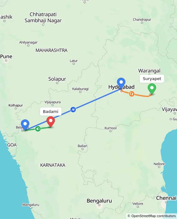Route map showing distance and travel time from Suryapet, India to Badami, India
