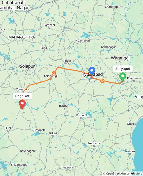 Route map showing distance and travel time from Suryapet, India to Bagalkot, India
