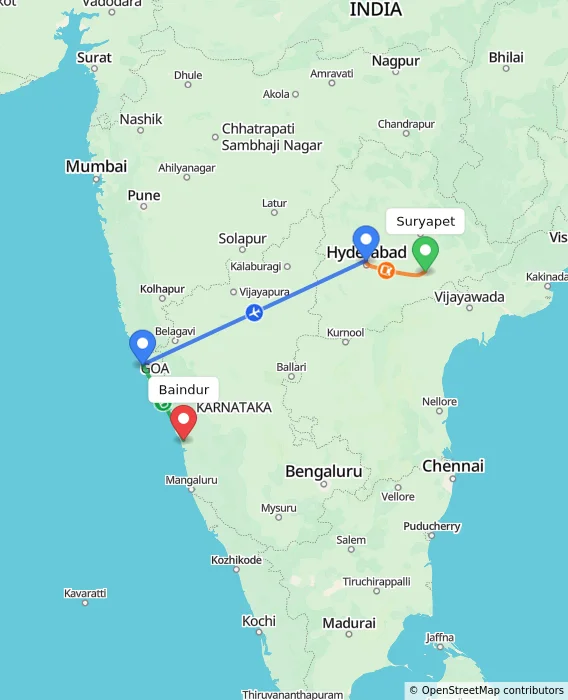 Route map showing distance and travel time from Suryapet, India to Baindur, India
