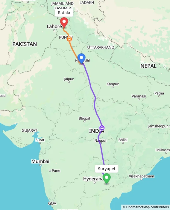Route map showing distance and travel time from Suryapet, India to Batala, India